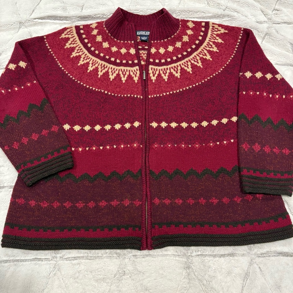 Lands End Women’s Zip Up Sz 1x 16w-18w Red Holiday Cotton Heavy Granny core